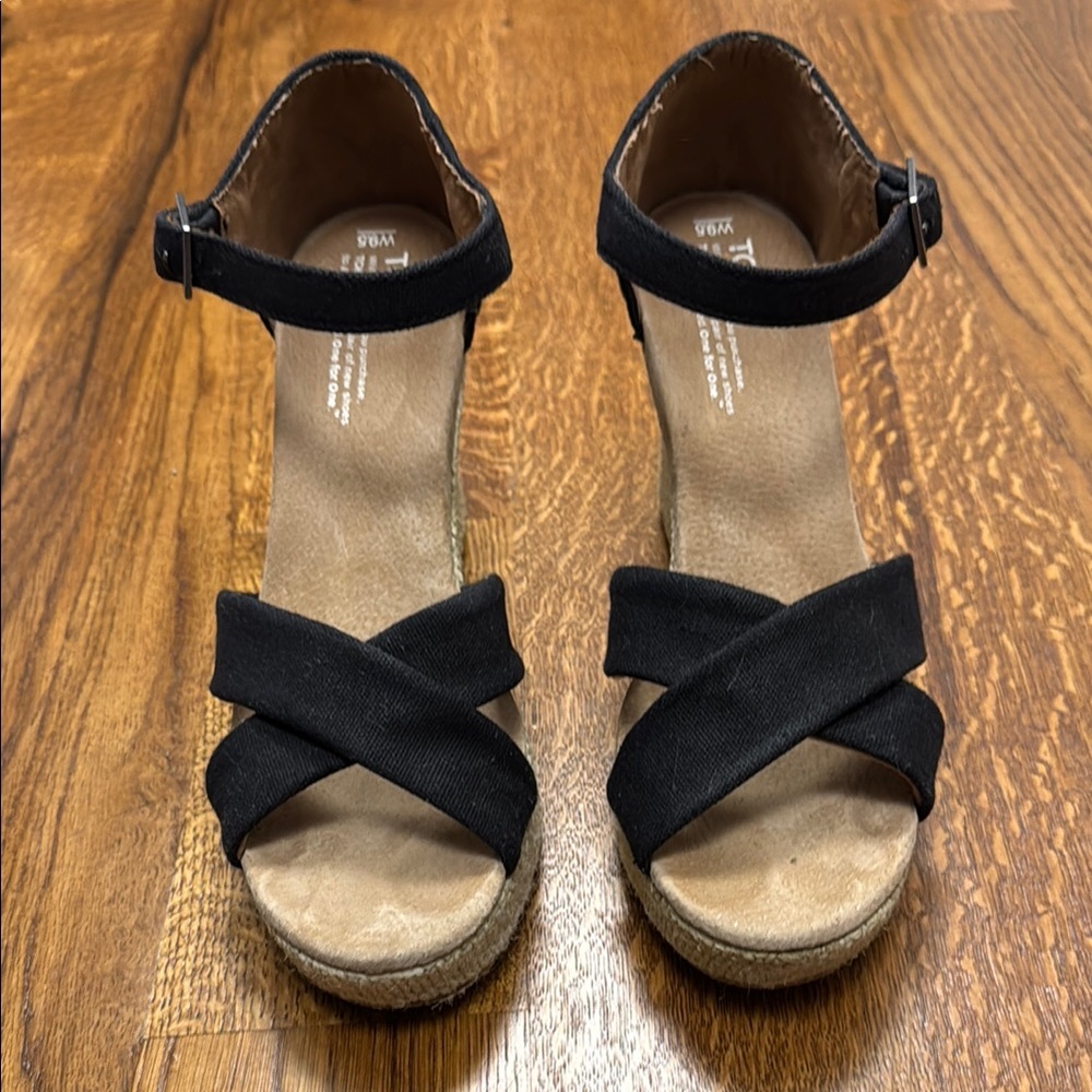 Black and Tan Wedge Sandals with Crisscross Straps